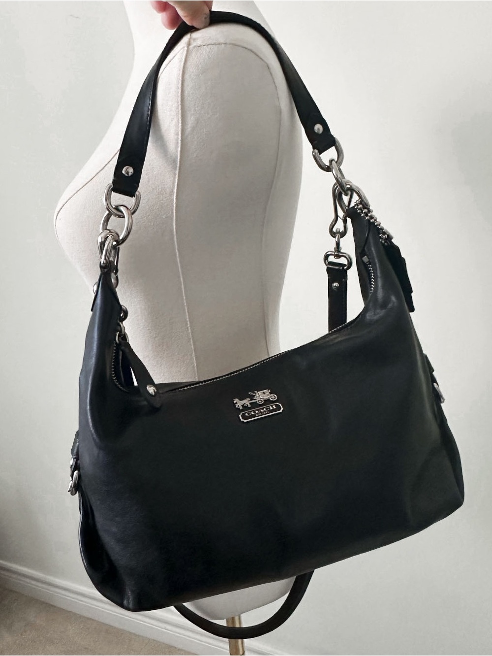 2010s Coach Madison Hailey Leather Shoulder/Crossbody Hobo Bag in Black, Silver